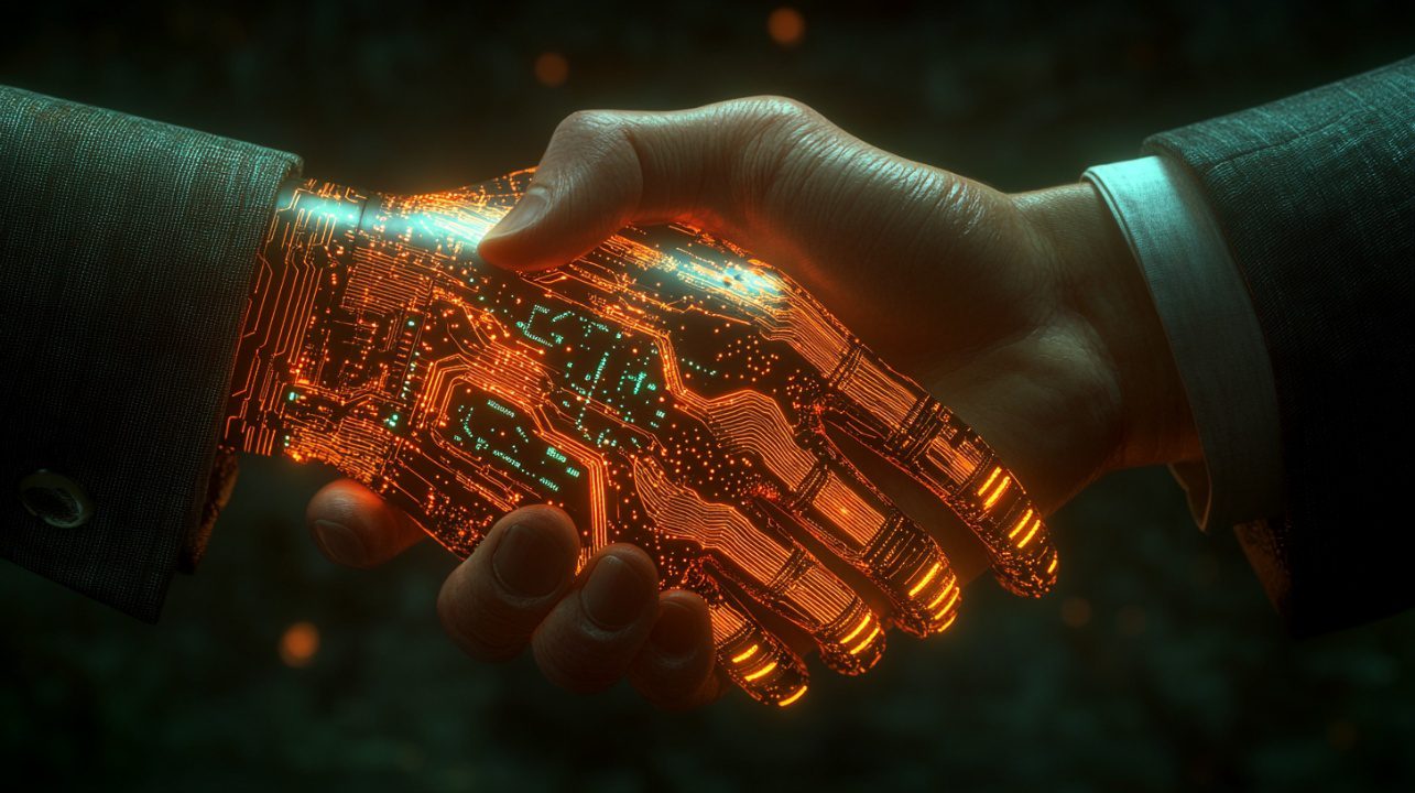An abstract visual showing a human and a digital representation shaking hands.